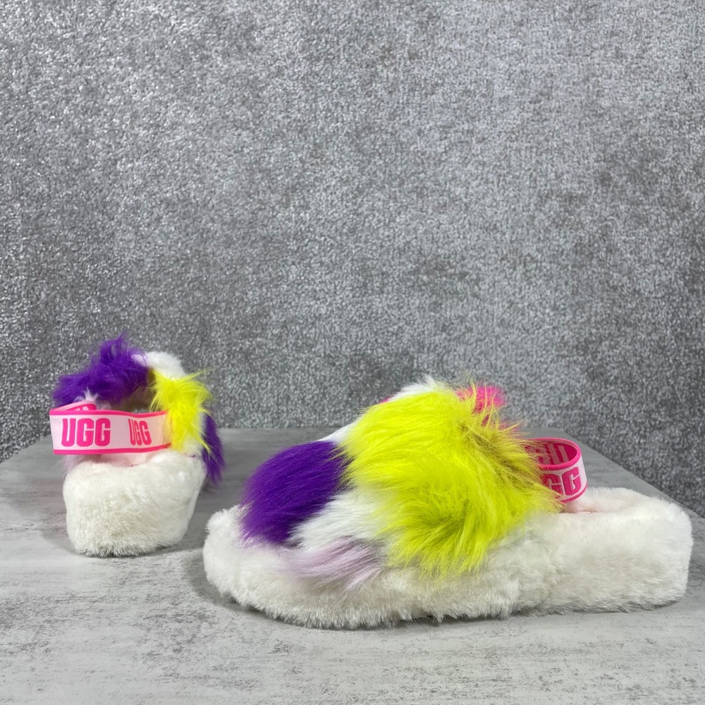 UGG Fluff Yeah Slide Womens 9 Party Spots Slippers Rainbow Multicolor Faux Fur